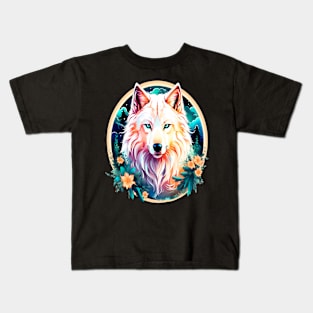 A White Wolf with Mountains, Floral Elements, Forests, Trees Kids T-Shirt